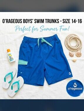 O'Rageous Boys' Blue Swim Trunks with Contrast Drawstring, Size: 14-16